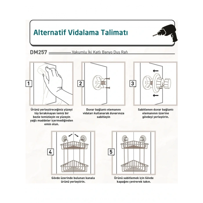 Vakumlu Banyo Köşe Rafı 2 Katlı Siyah