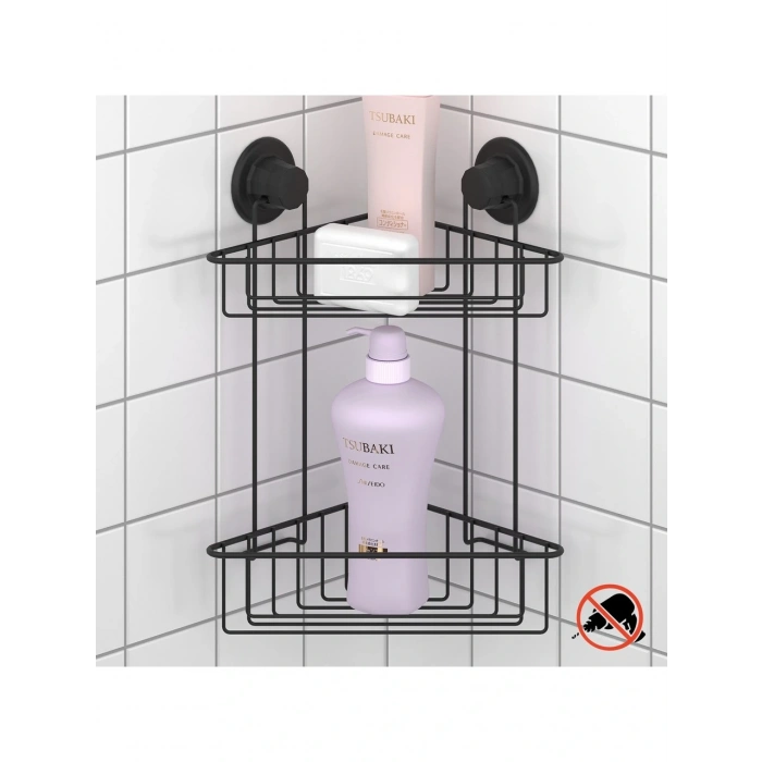 Vakumlu Banyo Köşe Rafı 2 Katlı Siyah