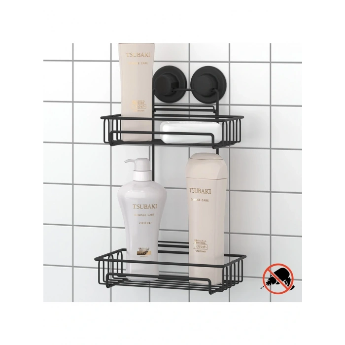 Vakumlu Banyo Rafı Şampuanlık 2 Katlı Siyah