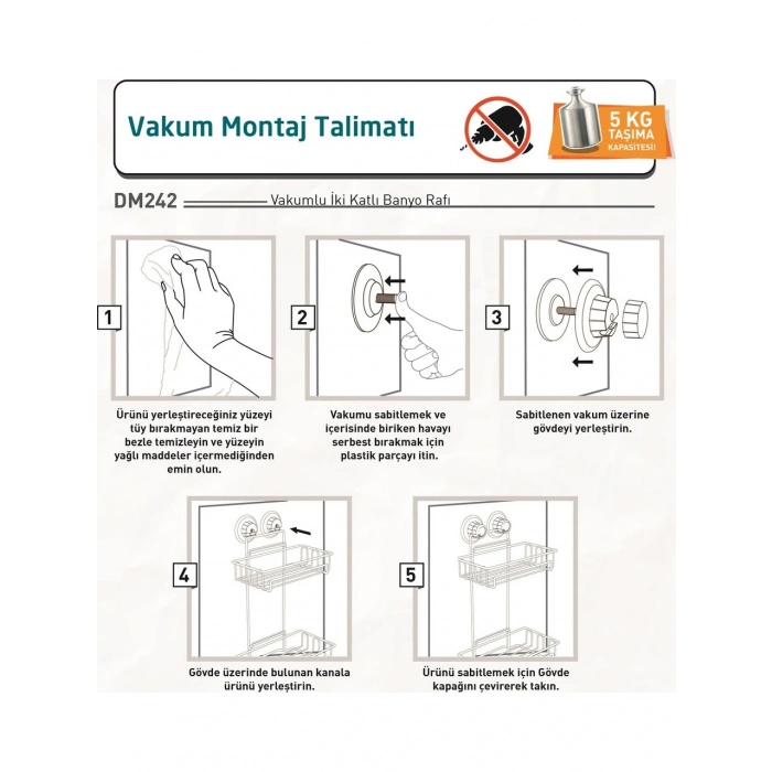 Vakumlu Banyo Rafı Şampuanlık 2 Katlı Siyah