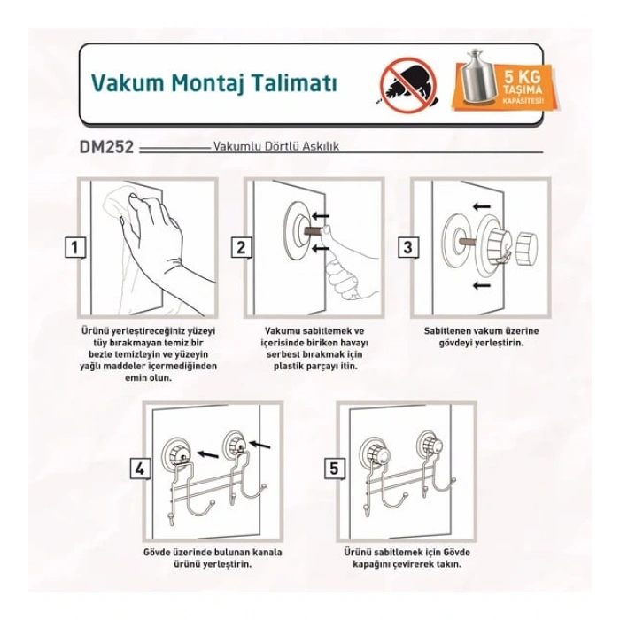Vakumlu Banyo Tuvalet Havlu Askısı 4 Kancalı Siyah