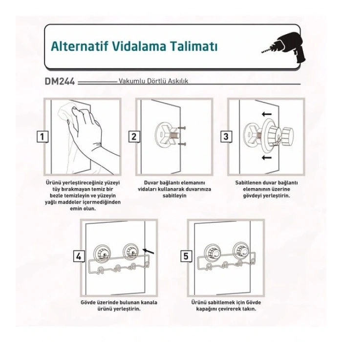Vakumlu Banyo Tuvalet Havlu Askısı 4 Kancalı Siyah