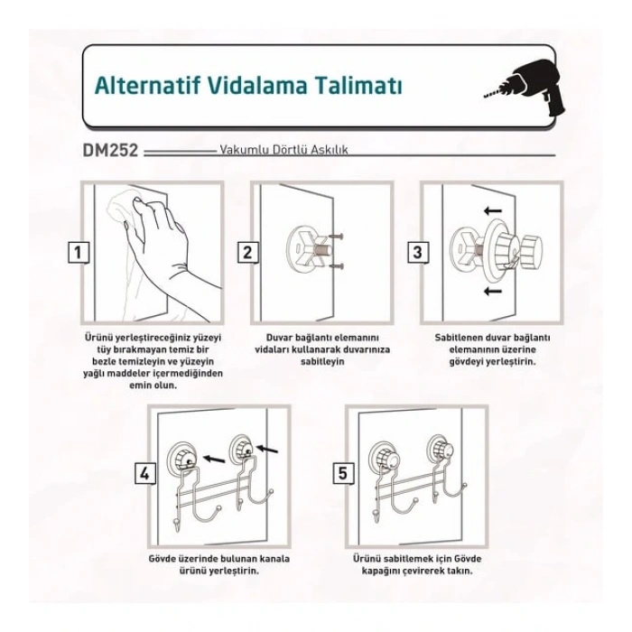 Vakumlu Banyo Tuvalet Havlu Askısı 4 Kancalı Siyah