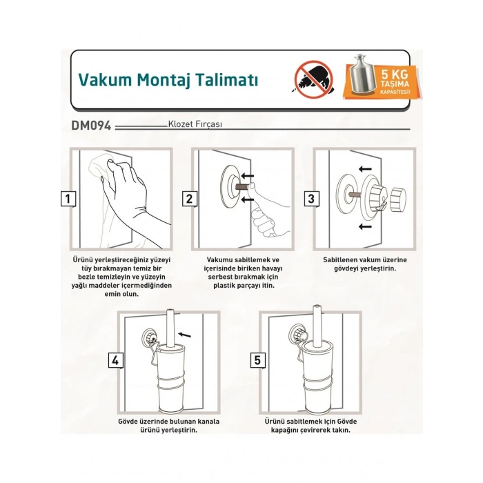 Vakumlu Duvara Monte Klozet Fırçası Beyaz
