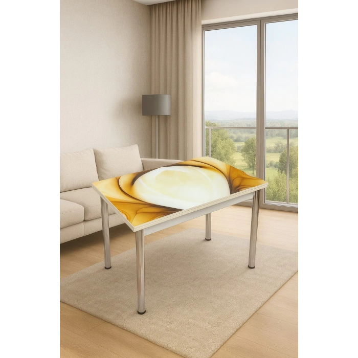 Yandan Açılır Büyüyen Cam Mutfak Masası 70x110 Krem Karamel