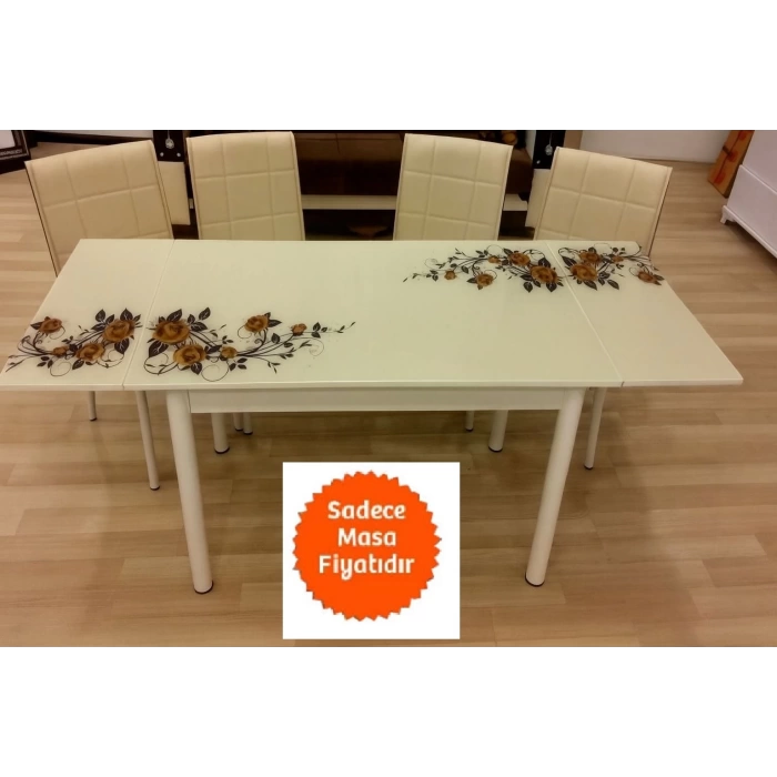 Yandan Açılır Büyüyen Cam Mutfak Masası Capicino Güllü - Beyaz Ayaklı 70x110 cm