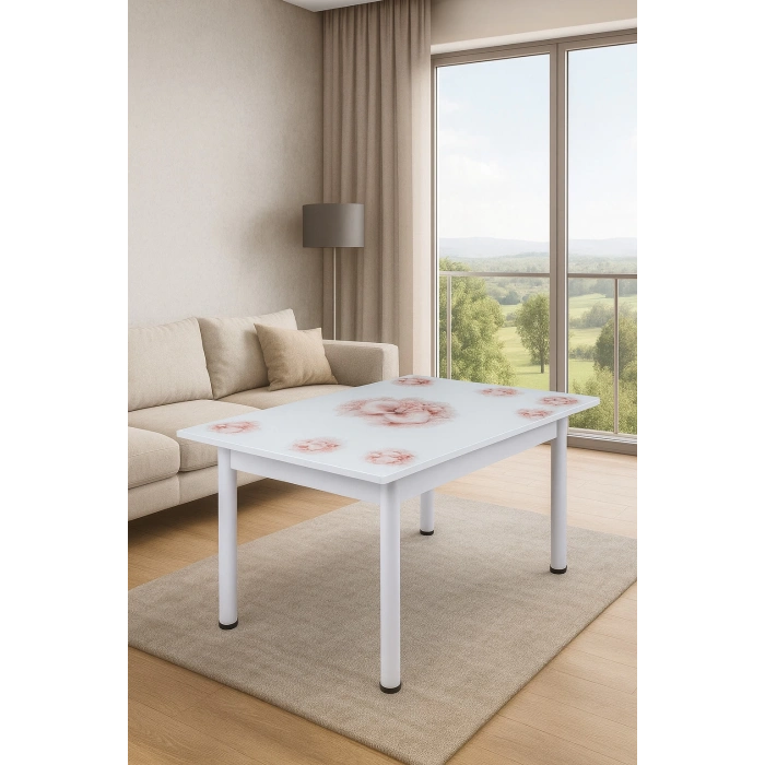 Yandan Açılır Büyüyen Cam Mutfak Masası Bahar Orkide Beyaz Ayaklı 60x90cm