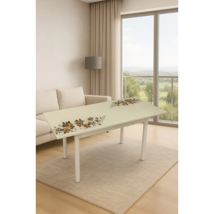 Yandan Açılır Büyüyen Cam Mutfak Masası Capicino Güllü - Beyaz Ayaklı 70x110 cm