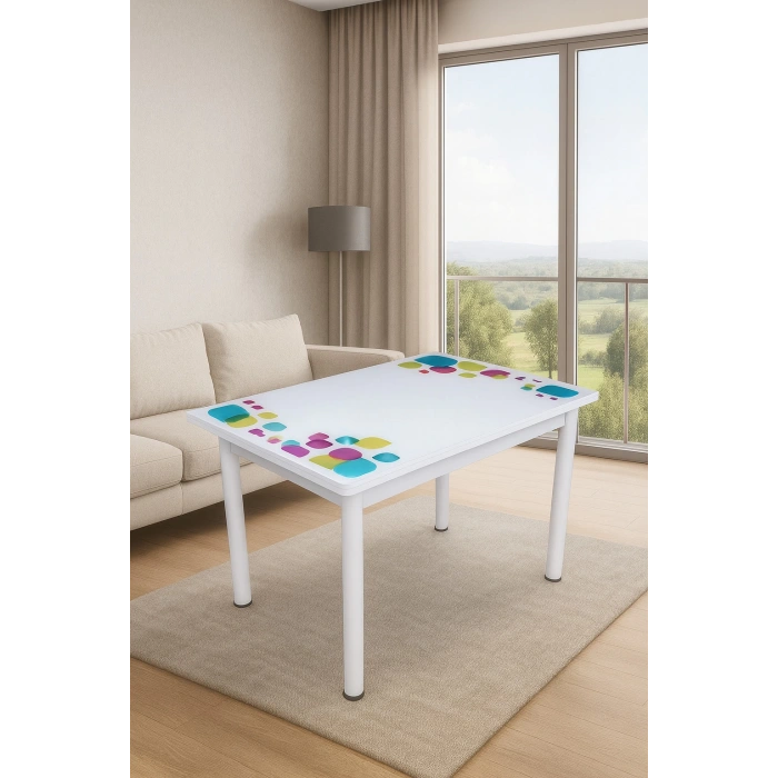 Yandan Açılır Büyüyen Cam Mutfak Masası Damla-Beyaz Ayaklı 70x110cm