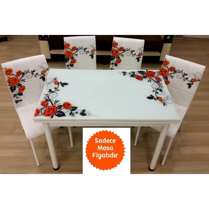 Yandan Açılır Büyüyen Cam Mutfak Masası Kırmızı Güldalı -Beyaz Ayaklı 70x110