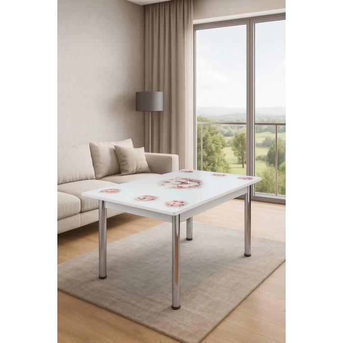 Yandan Açılır Büyüyen Cam Mutfak Masası Pembe Bahar Orkide 60x90cm