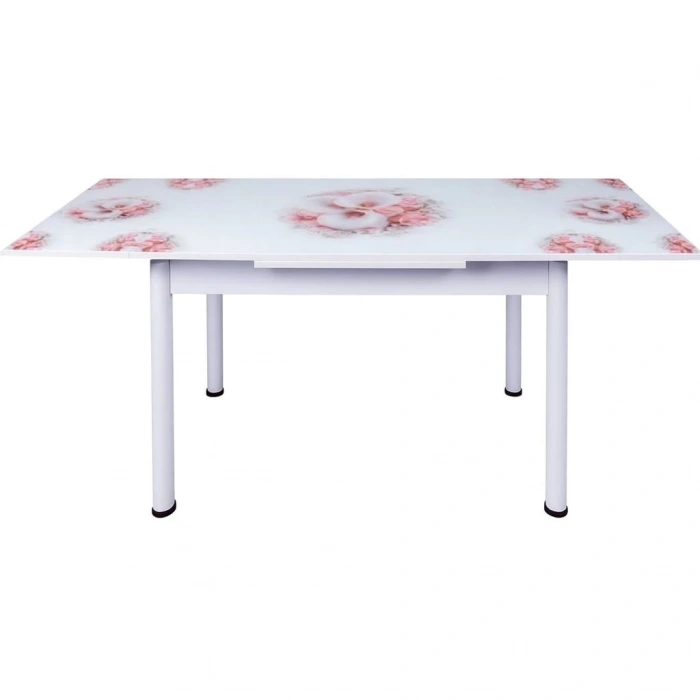 Yandan Açılır Büyüyen Cam Mutfak Masası Bahar Orkide Beyaz Ayaklı 60x90cm