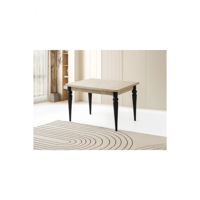 Yandan Açılır Büyüyen Yemek Masası Bej-Siyah Ayaklı 80x120cm