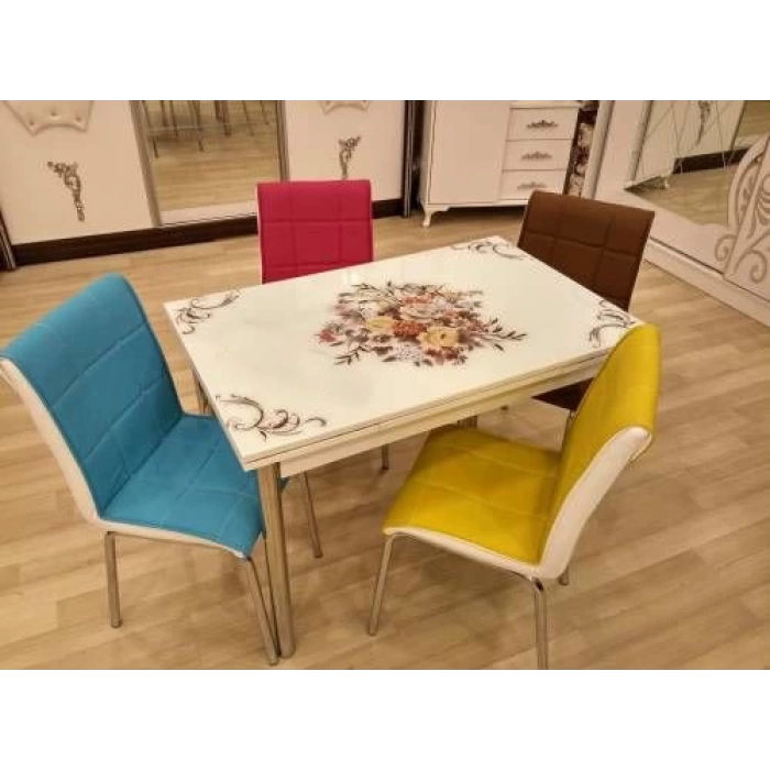 Yandan Açılır Cam Mutfak Masa Takımı 4 Sandalyeli 70x110cm Çiçek Demeti