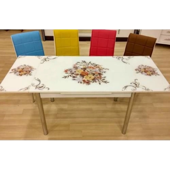 Yandan Açılır Cam Mutfak Masa Takımı 4 Sandalyeli 70x110cm Çiçek Demeti