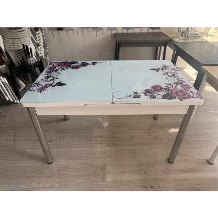 Yanlardan Açılır Büyüyen Kelebek Cam Mutfak Masası 80cm x 130cm Lila Gül