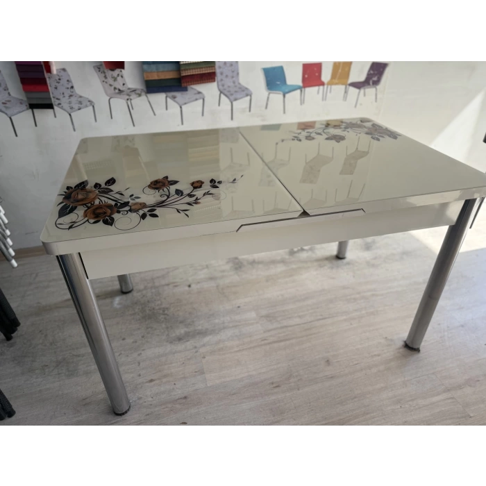 Yanlardan Açılır Büyüyen Kelebek Cam Mutfak Masası 80cm x 130cm Cappicino