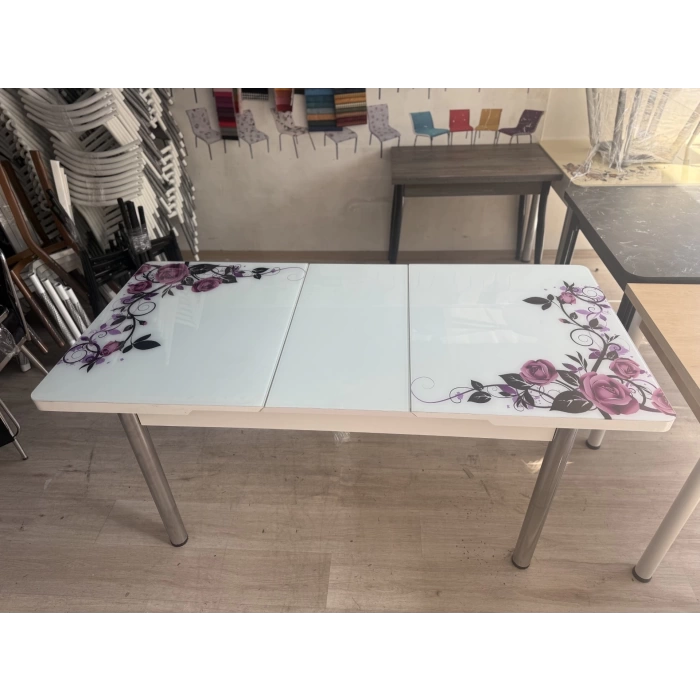 Yanlardan Açılır Büyüyen Kelebek Cam Mutfak Masası 80cm x 130cm Lila Gül
