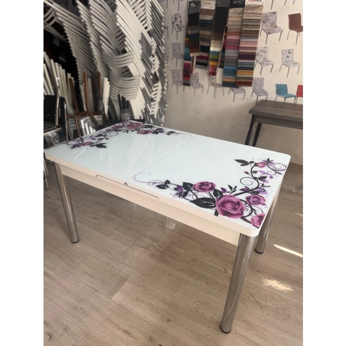 Yanlardan Açılır Büyüyen Kelebek Cam Mutfak Masası 80cm x 130cm Lila Gül