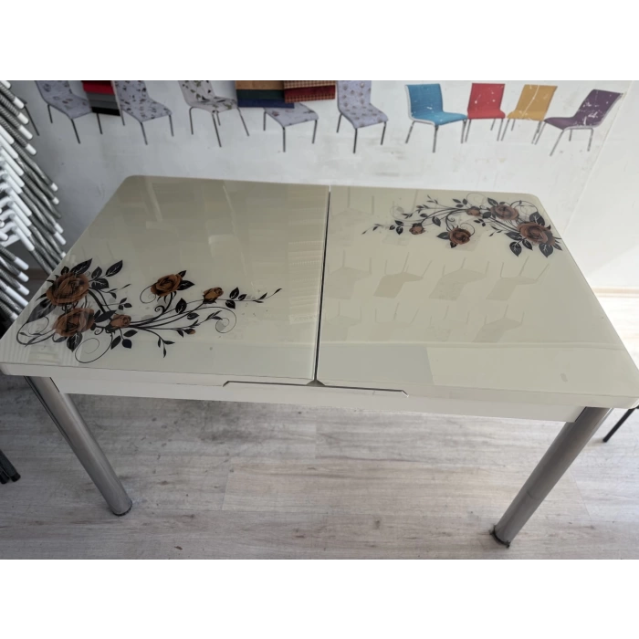 Yanlardan Açılır Büyüyen Kelebek Cam Mutfak Masası 80cm x 130cm Cappicino