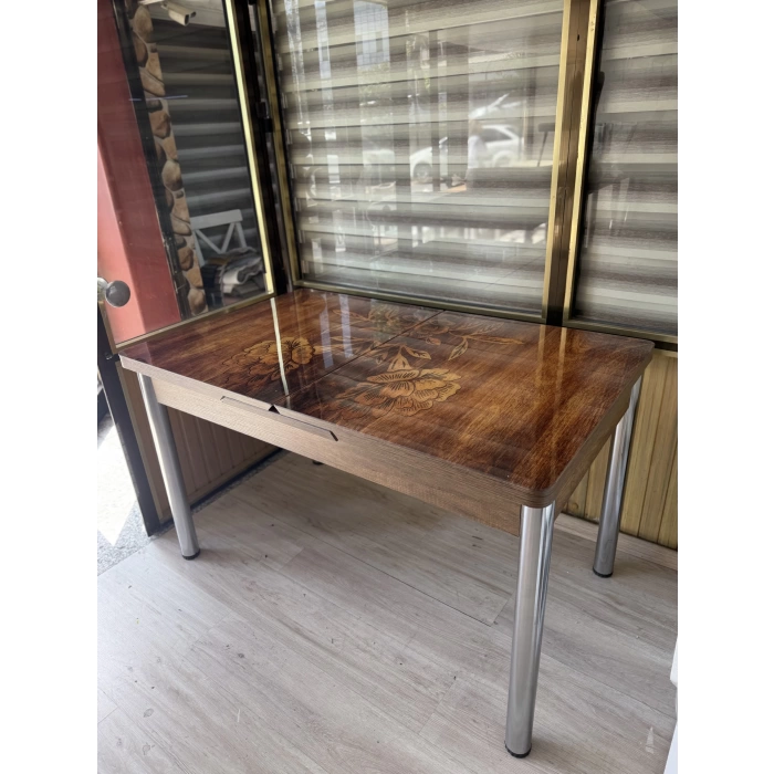 Yanlardan Açılır Büyüyen Kelebek Cam Mutfak Masası 80cm x 130cm Ceviz Çiçek
