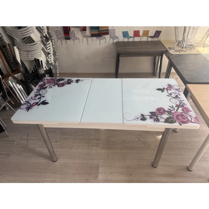Yanlardan Açılır Büyüyen Kelebek Cam Mutfak Masası 80cm x 130cm Lila Gül