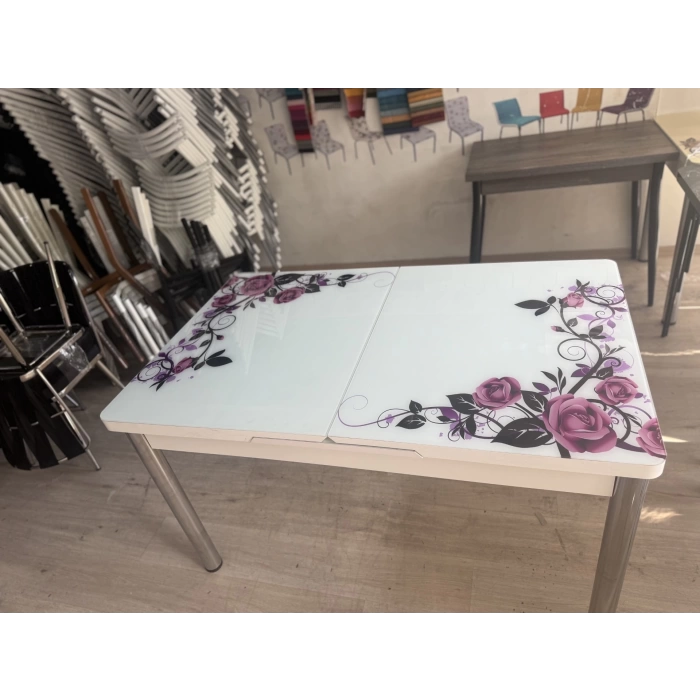 Yanlardan Açılır Büyüyen Kelebek Cam Mutfak Masası 80cm x 130cm Lila Gül
