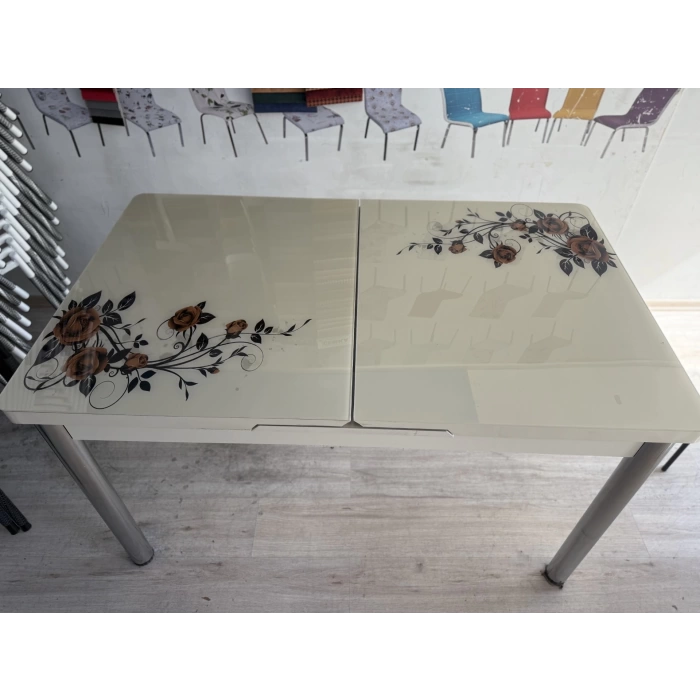 Yanlardan Açılır Büyüyen Kelebek Cam Mutfak Masası 80cm x 130cm Cappicino