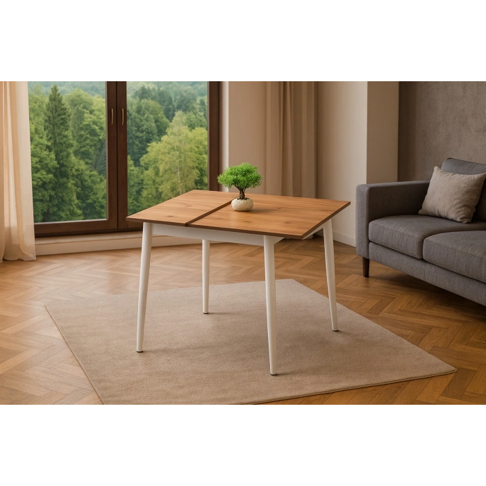 Yanlardan Açılır Büyüyen Yemek Masası Meşe-Beyaz 75x80cm SADECE MASA FİYATIDIR