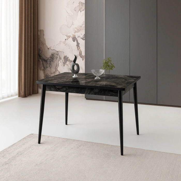 Yanlardan Açılır Büyüyen Yemek Masası Siyah Mermer Desenli 65x100cm SADECE MASA FİYATIDIR