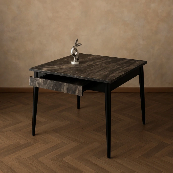 Yanlardan Açılır Büyüyen Yemek Masası Siyah Mermer Desenli 65x100cm SADECE MASA FİYATIDIR