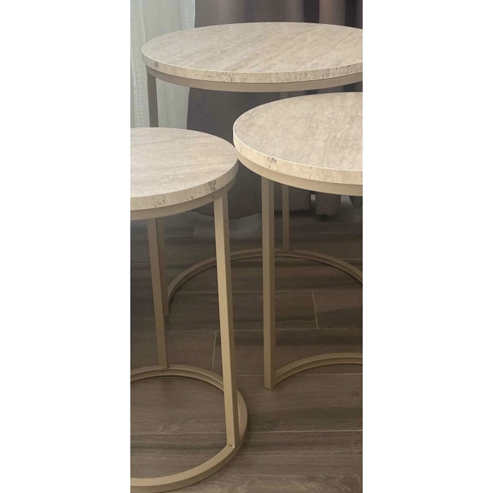 Yuvarlak Ahşap Mermer Desenli 3 lü Zigon Sehpa Metal Ayaklı Sidon