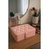 Deri Baklava Desenli Seyahat Takı Bijuteri Mücevher Kutusu Organizer Düzenleyici 16cm Pembe İthal Ürün