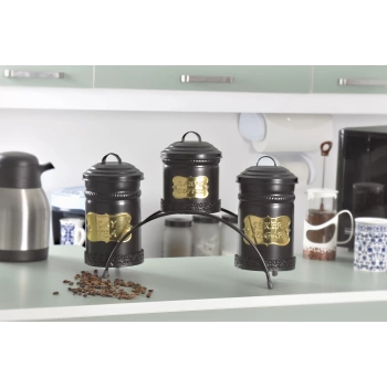 Metal Çay Kahve Şeker Saklama Kabı 3 lü Standlı Siyah