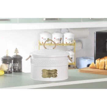 Metal Ekmeklik Ekmek Saklama Kutusu Desenli Beyaz