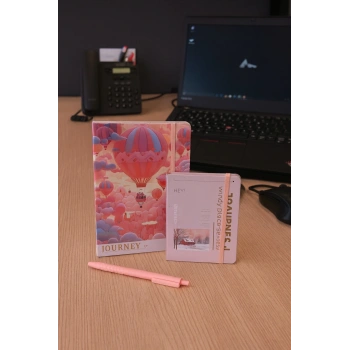 2 Adet Ajanda Çizgili Not Defteri-Uçlu Kalem Hediyeli Pembe Balon A5-A6