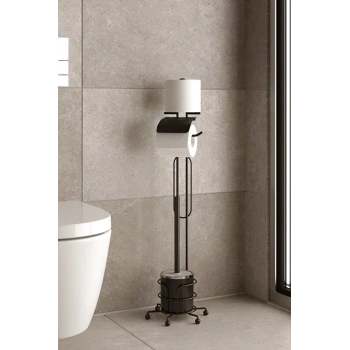 Banyo Tuvalet Fırçalığı Tuvalet Kağıdı Askısı Yedekli Ayaklı Siyah