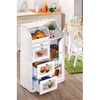 Mdf Çekmeceli Vintage Mutfak Kiler Dolabı Ekmeklik Beyaz Kurulu