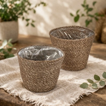 Dekoratif Yuvarlak İçi Poşetli Hasır Sepet Saksılık 2 li Set