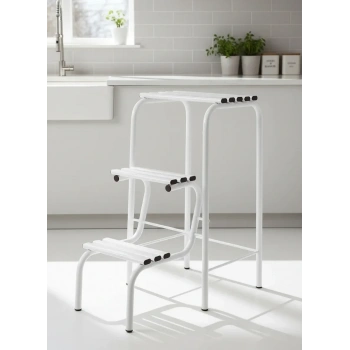 Metal Açılır Katlanır Tabureli Merdiven Sandalye Beyaz