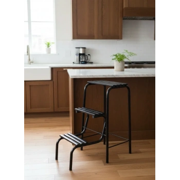 Metal Açılır Katlanır Tabureli Merdiven Sandalye Siyah