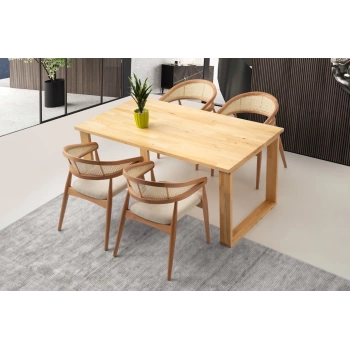 Ahşap Sabit Yemek Masası Natural 135x80cm- 4 Adet Hasır Sırtlı Sandalye Takımı