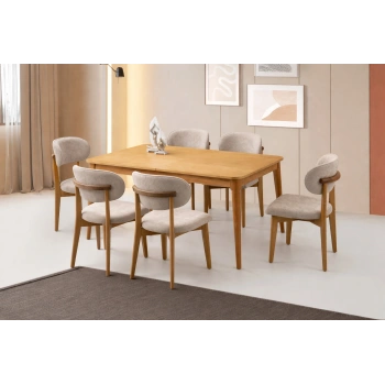 Ahşap Salon Yemek Masa Sandalye Takımı Ortadan Açılır Büyüyen 6 Sandalye