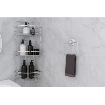 Banyo Köşe Rafı 3 Katlı Şampuanlık Vidalı + Vakumlu Kare Havluluk Krom 2 li Set