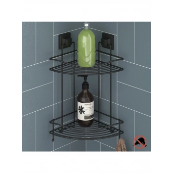 Banyo Köşe Rafı Kendinden Yapışkanlı 2 Katlı Kancalı Easyfix Siyah