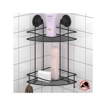 Banyo Köşe Rafı Vakumlu Paslanmaz 2 Katlı Kancalı Siyah