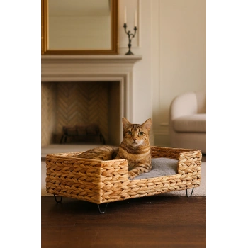 Dekoratif Dikdörtgen Hasır Kedi Köpek Yatagı Sepet 50x40x20cm