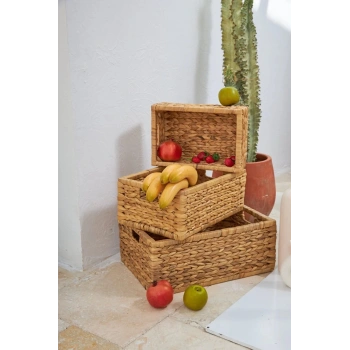 Dekoratif Dikdörtgen Kalın Örgü Hasır Sepet Sele 3lü