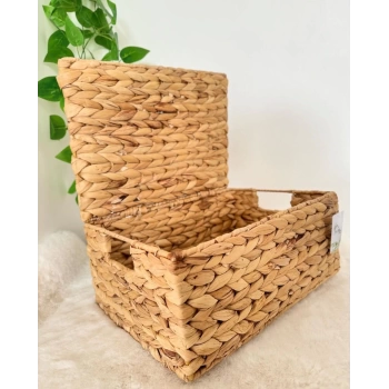 Dekoratif Dikdörtgen Kapaklı Hasır Kutu Sepet 28x20cm