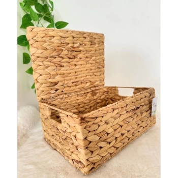 Dekoratif Dikdörtgen Kapaklı Hasır Kutu Sepet 36x26cm